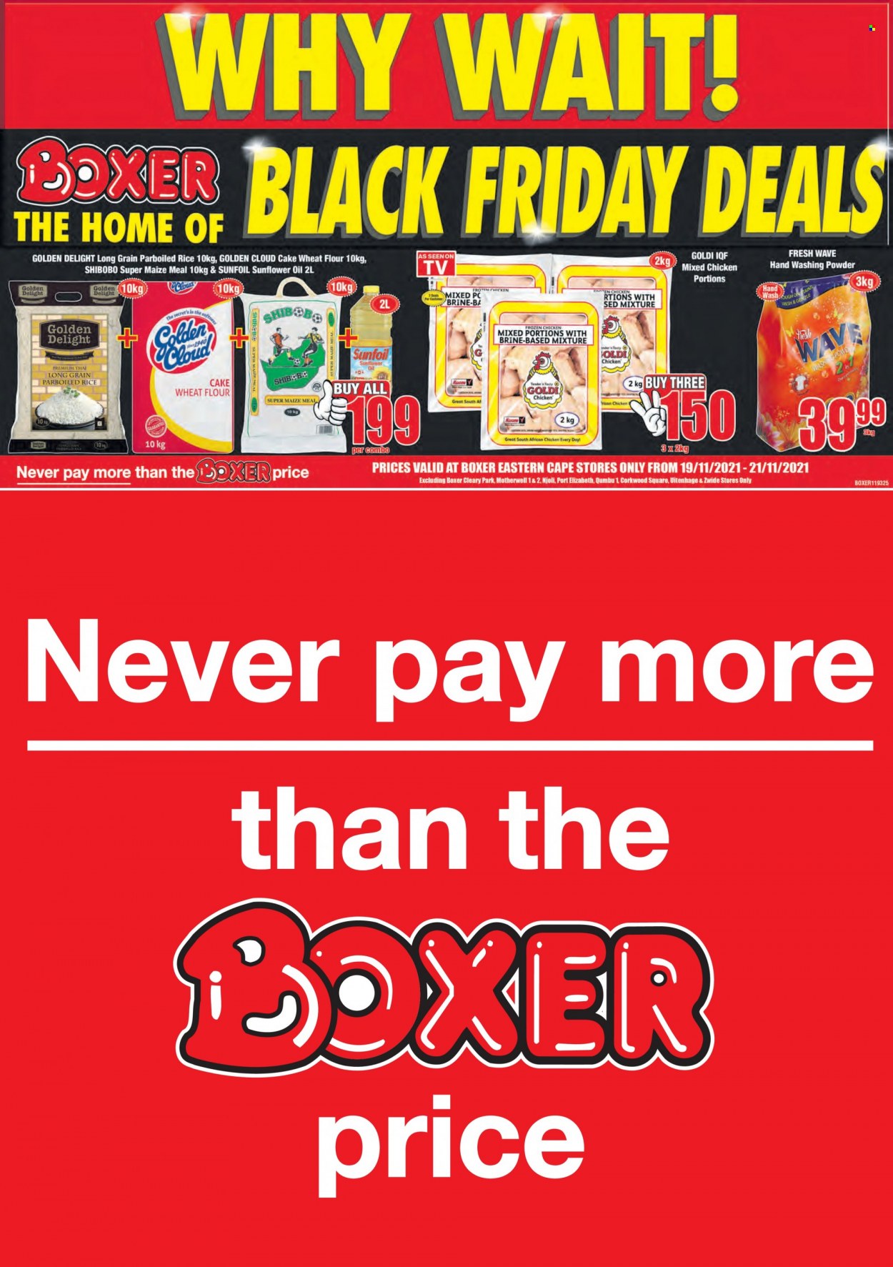 Boxer catalogue  - 19/11/2021 - 21/11/2021 - Sales products - flour, wheat flour, maize meal, cake flour, Golden Cloud, rice, parboiled rice, sunflower oil, oil, chicken meat, laundry powder, WAVE, hand wash. Page 1.