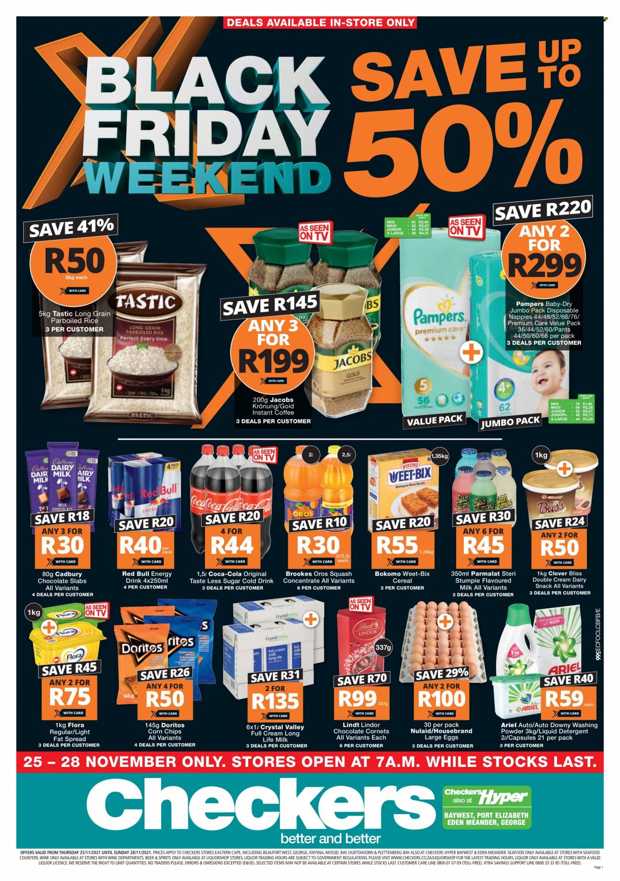 Checkers catalogue  - 25/11/2021 - 28/11/2021 - Sales products - seafood, Clover, Parmalat, milk, flavoured milk, long life milk, Steri Stumpie, large eggs, fat spread, Flora, chocolate, snack, Lindt, Lindor, chocolate slabs, Cadbury, Doritos, chips, corn chips, cereals, Weet-Bix, rice, parboiled rice, Tastic, Coca-Cola, energy drink, Oros, Red Bull, instant coffee, Jacobs, Jacobs Krönung, wine, liquor, beer, Pampers, pants, nappies, detergent, Ariel, liquid detergent, laundry powder. Page 1.