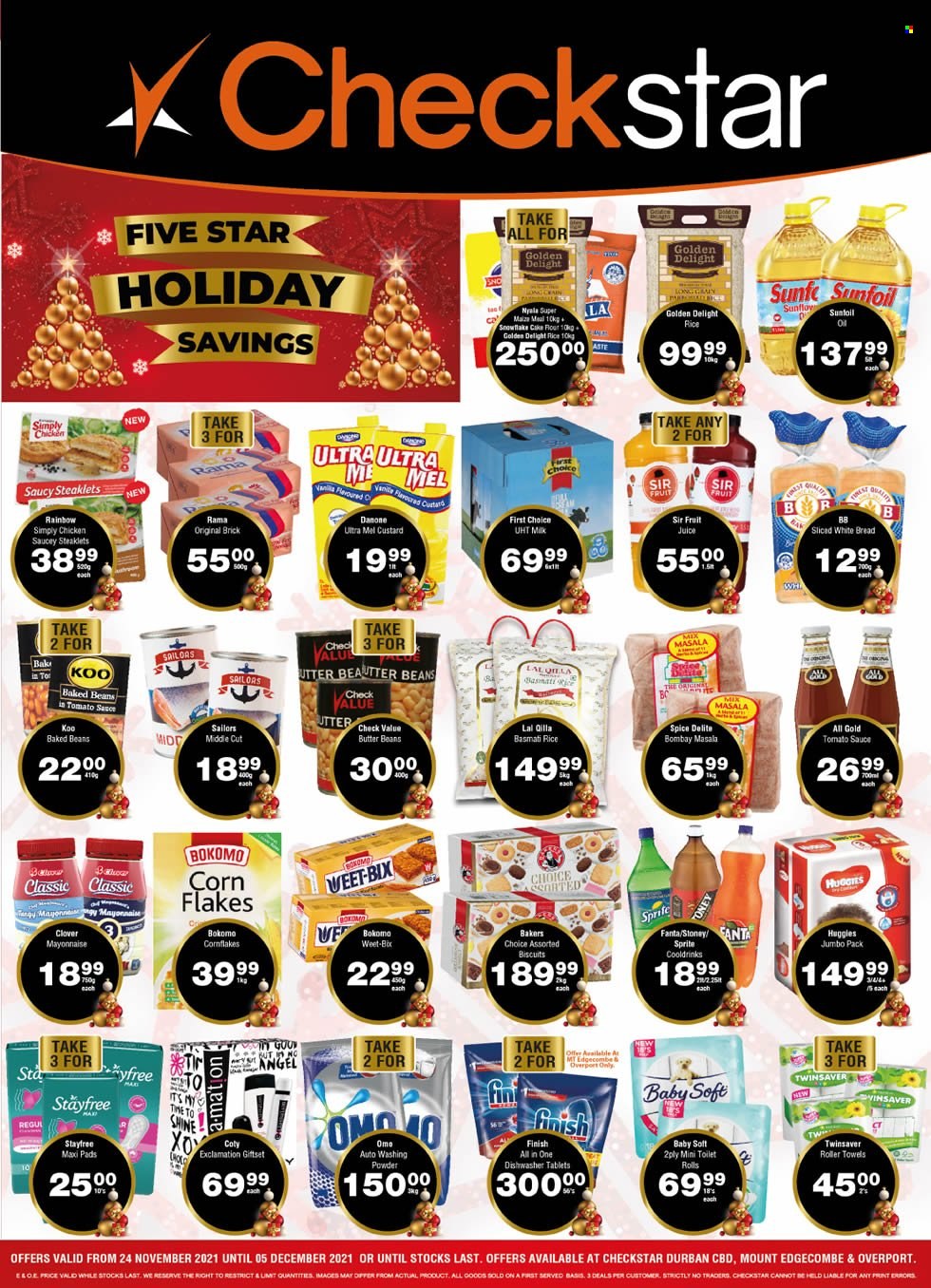 Checkstar catalogue  - 24/11/2021 - 05/12/2021 - Sales products - bread, white bread, beans, sauce, custard, Danone, Clover, milk, butter, Rama, mayonnaise, biscuit, tomato sauce, baked beans, Koo, corn flakes, Weet-Bix, basmati rice, rice, spice, Sprite, Fanta, juice, Baby Soft, kitchen towels, paper towels, Omo, dishwasher cleaner, dishwasher tablets, Stayfree, sanitary pads, BIC. Page 1.