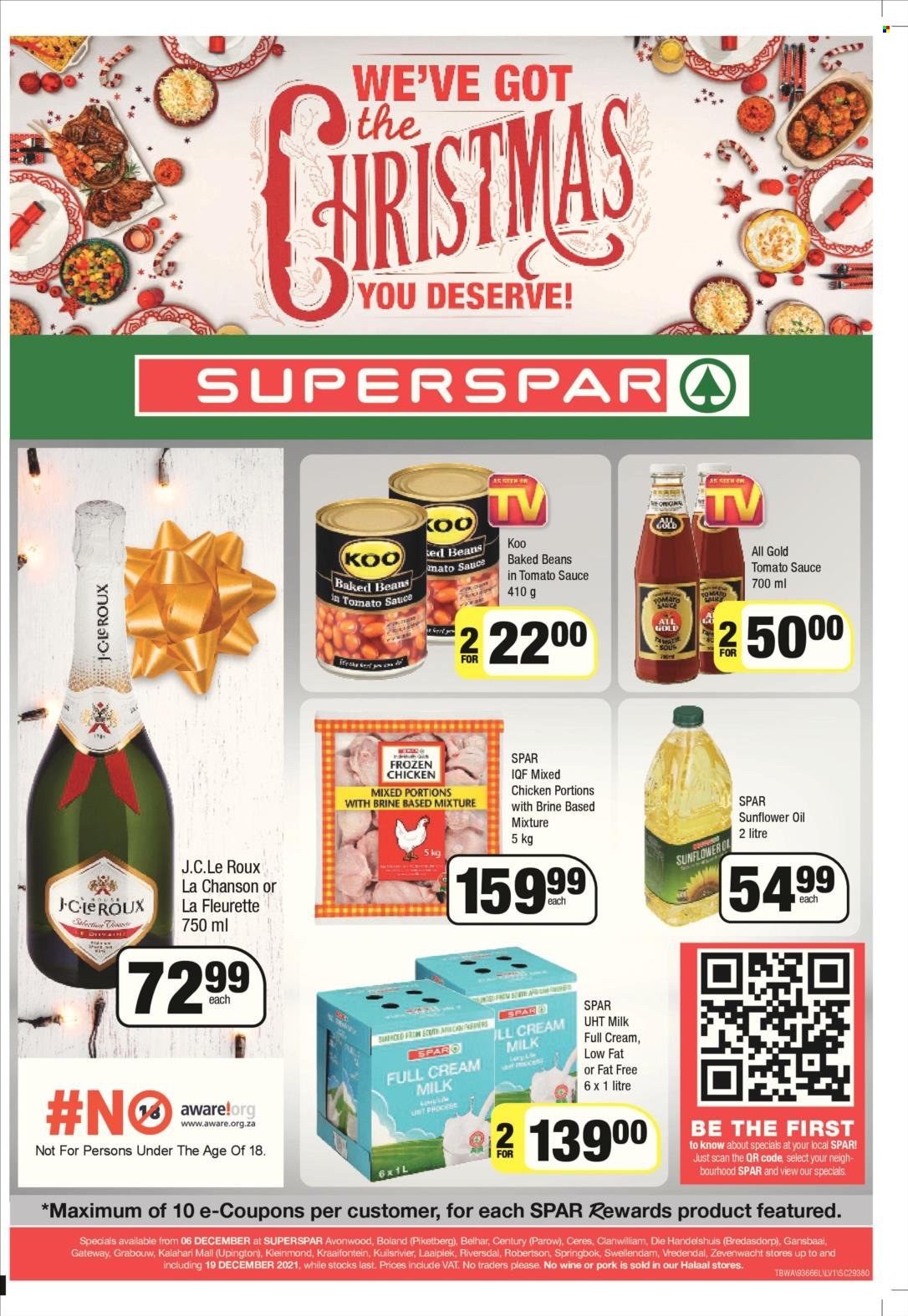 SPAR catalogue  - 06/12/2021 - 19/12/2021 - Sales products - beans, baked beans, Koo, sunflower oil, oil, chicken meat. Page 1.