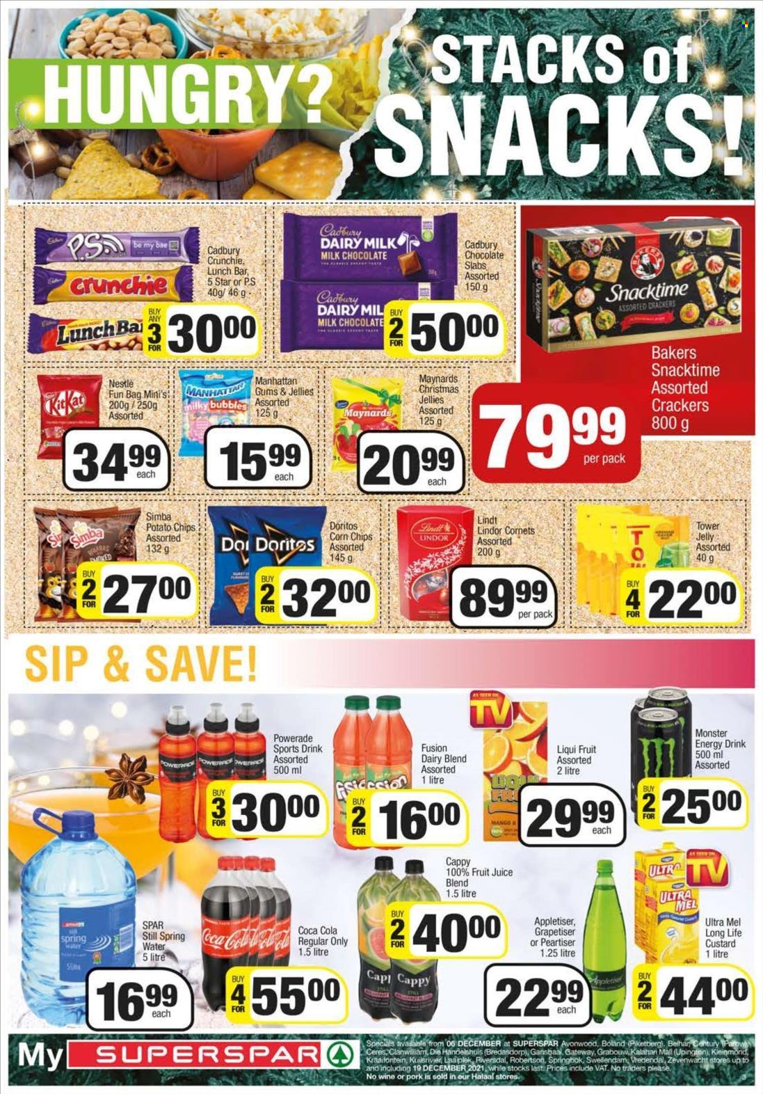 SPAR catalogue  - 06/12/2021 - 19/12/2021 - Sales products - mango, custard, dairy blend, milk chocolate, Nestlé, chocolate, snack, Lindt, Lindor, chocolate slabs, jelly, crackers, Cadbury, Dairy Milk, Doritos, potato chips, chips, Snacktime, corn chips, Simba, Coca-Cola, Powerade, energy drink, Monster, fruit juice, juice, Peartiser, Monster Energy, Bai, spring water, Bakers. Page 3.