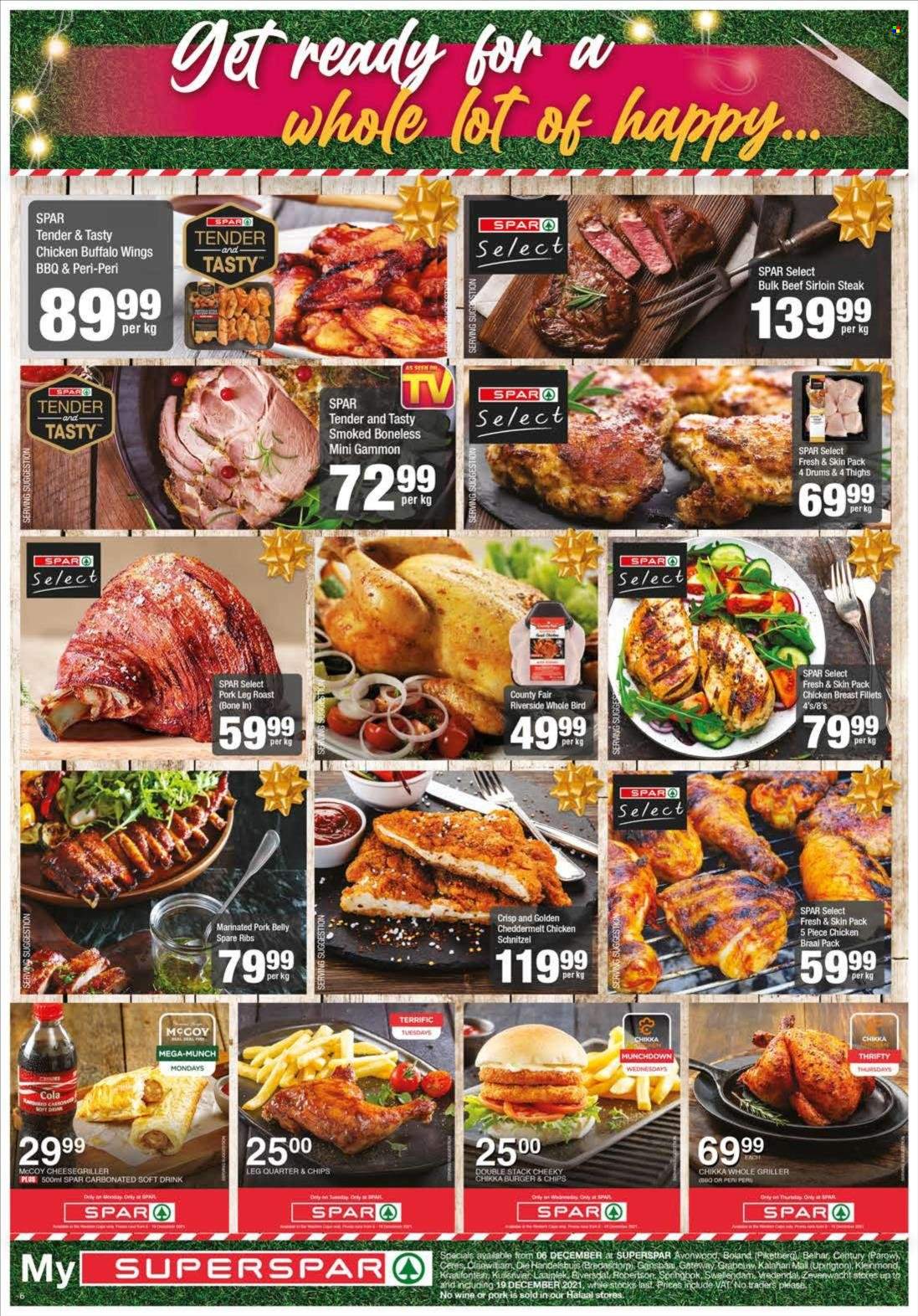SPAR catalogue  - 06/12/2021 - 19/12/2021 - Sales products - hamburger, schnitzel, gammon, chips, soft drink, Cerés, carbonated soft drink, wine, chicken breasts, chicken meat, beef meat, beef sirloin, steak, sirloin steak, pork belly, pork meat, pork spare ribs, pork leg, marinated pork. Page 6.