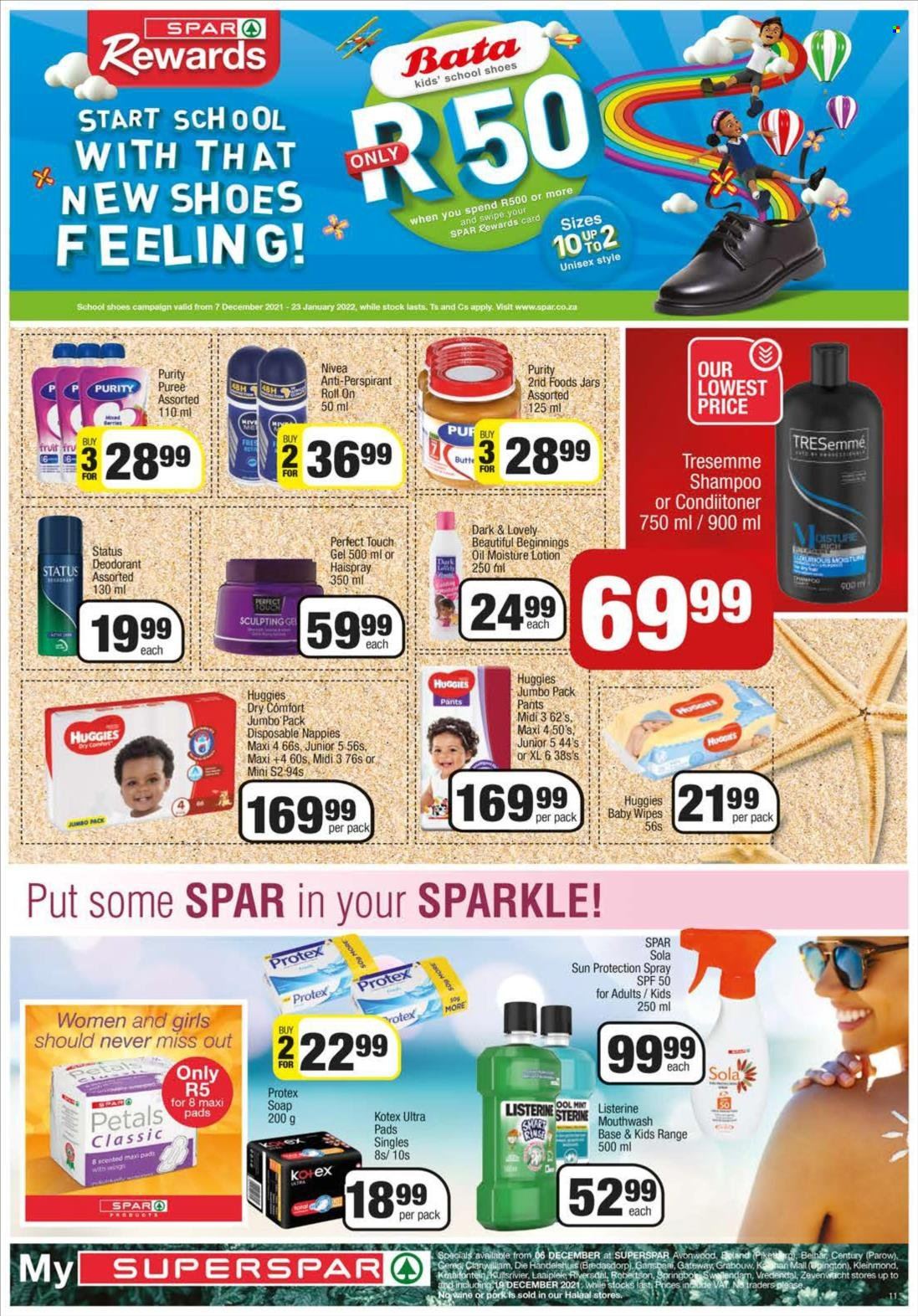 SPAR catalogue  - 06/12/2021 - 19/12/2021 - Sales products - oil, Purity, wipes, Huggies, pants, baby wipes, nappies, Nivea, shampoo, Protex, soap, Listerine, mouthwash, Kotex, TRESemmé, body lotion, anti-perspirant, roll-on, deodorant. Page 11.