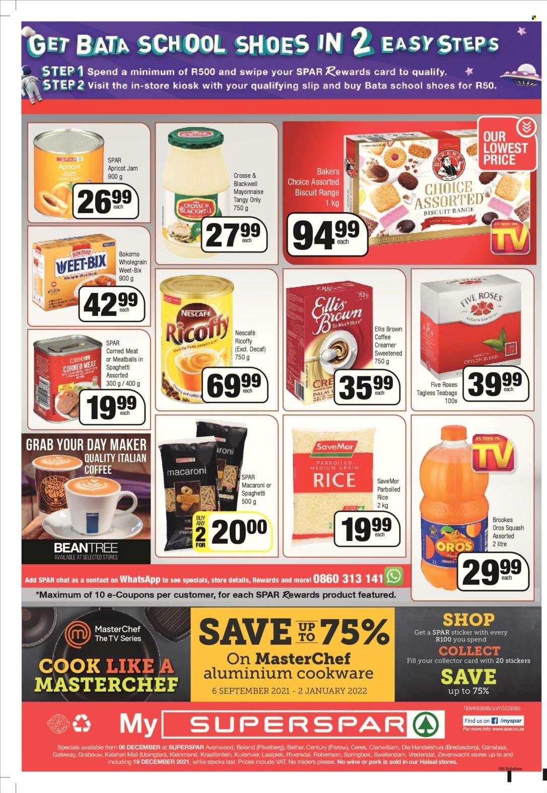 SPAR catalogue  - 06/12/2021 - 19/12/2021 - Sales products - spaghetti, meatballs, macaroni, Ellis Brown, creamer, mayonnaise, biscuit, corned meat, Weet-Bix, rice, parboiled rice, apricot jam, jam, Oros, tea bags, Ricoffy, Nescafé, Veet, Bakers. Page 12.