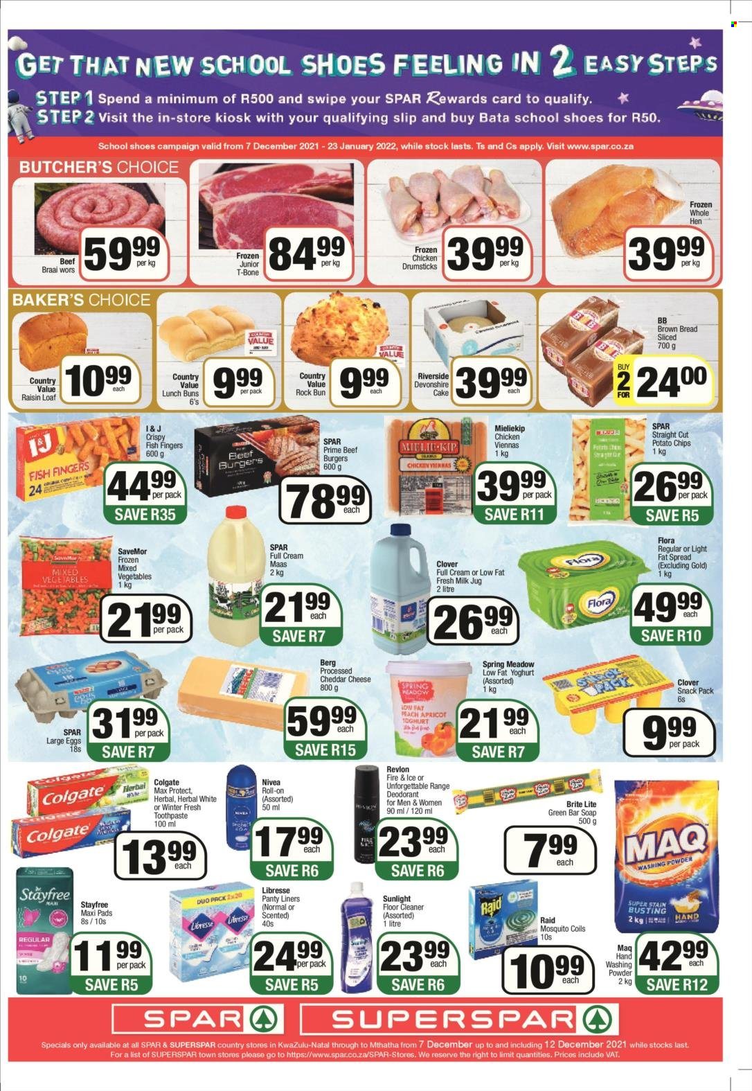 SPAR catalogue  - 07/12/2021 - 12/12/2021 - Sales products - bread, cake, brown bread, buns, fish, fish fingers, fish sticks, hamburger, beef burger, vienna sausage, cheese, yoghurt, Clover, Spring Meadow, milk, amasi, large eggs, fat spread, Flora, mixed vegetables, potato chips, chicken drumsticks, chicken meat, beef meat, t-bone steak, Nivea, floor cleaner, cleaner, laundry powder, Sunlight, soap bar, soap, Colgate, toothpaste, Stayfree, sanitary pads, Revlon, Brite, anti-perspirant, roll-on, deodorant, Raid, braai, braai wors. Page 3.