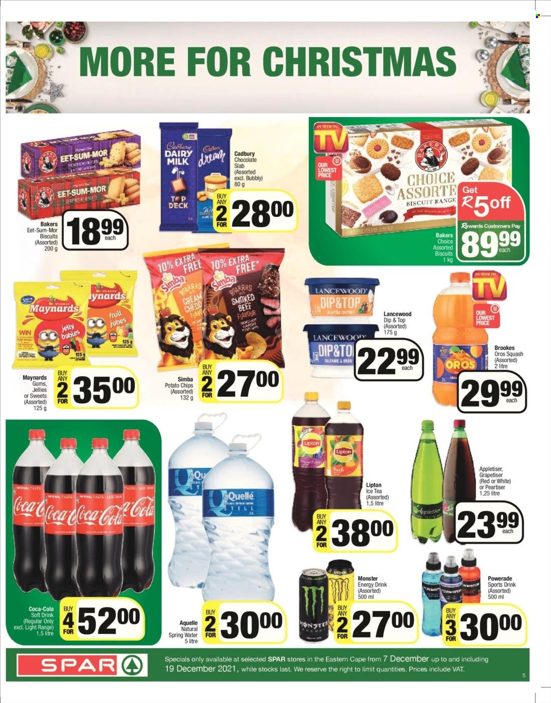 SPAR catalogue  - 07/12/2021 - 19/12/2021 - Sales products - Lancewood, chocolate, biscuit, Cadbury, Dairy Milk, potato chips, chips, Simba, Powerade, energy drink, Monster, Lipton, ice tea, Peartiser, soft drink, Oros, Monster Energy, spring water, Aquellé, tea, Bakers. Page 5.