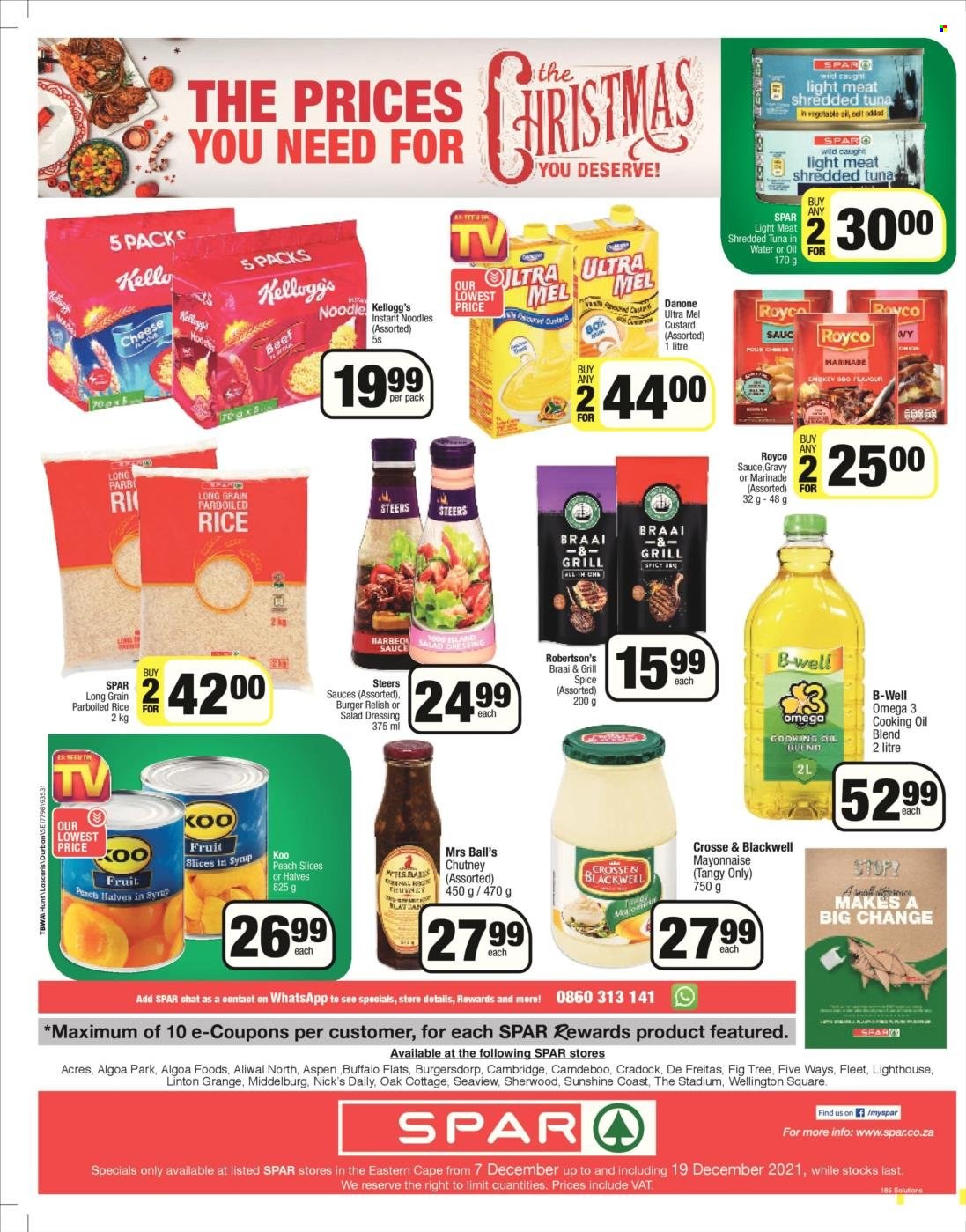 SPAR catalogue  - 07/12/2021 - 19/12/2021 - Sales products - tuna, instant noodles, noodles, custard, Danone, Sunshine, mayonnaise, Kellogg's, salt, tuna in water, Koo, rice, parboiled rice, spice, salad dressing, dressing, marinade, chutney, Omega-3. Page 8.
