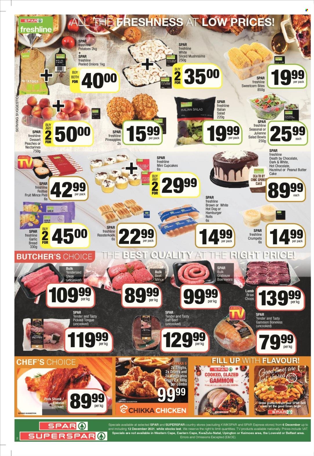 SPAR catalogue  - 06/12/2021 - 12/12/2021 - Sales products - mushroom, bread, cake, burger buns, crumpets, cupcake, butter cake, potatoes, onion, limes, pineapple, hot dog, hamburger, gammon, chips, peanut butter, hot chocolate, beef meat, ground beef, steak, braai, nectarines, peaches, braai wors. Page 2.