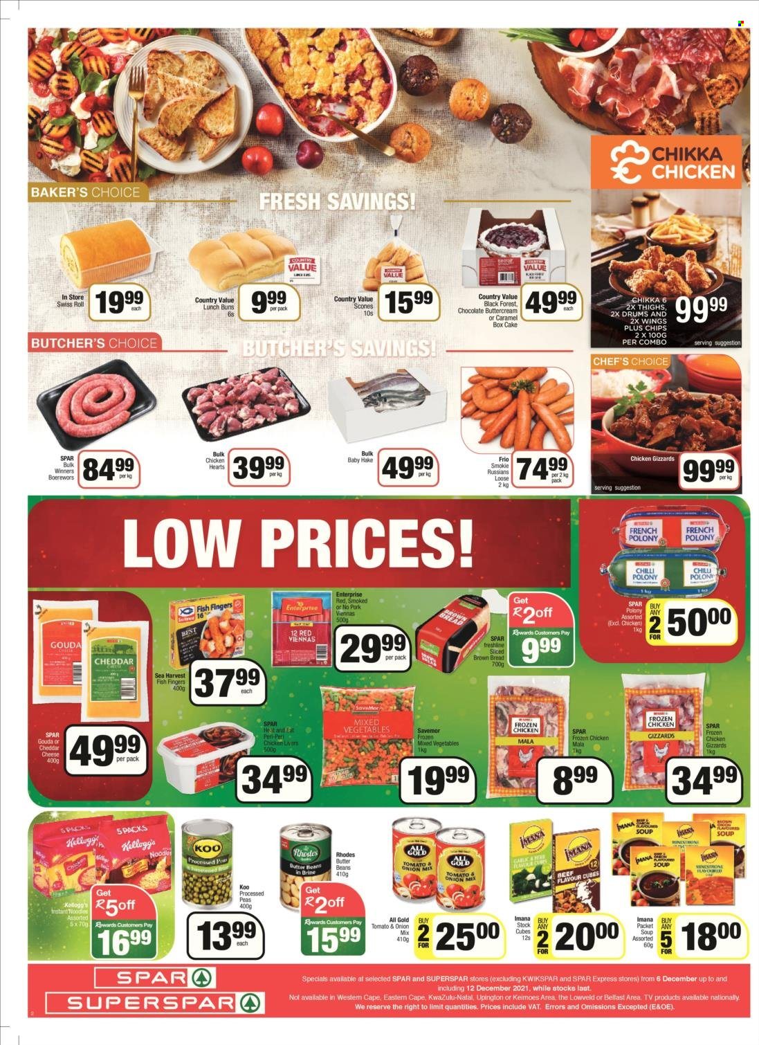 SPAR catalogue  - 06/12/2021 - 12/12/2021 - Sales products - bread, cake, brown bread, buns, swiss roll, beans, peas, hake, fish, fish fingers, Sea Harvest, fish sticks, soup, french polony, polony, vienna sausage, russians, gouda, cheese, mixed vegetables, chocolate, Koo, chicken gizzards, chicken heart, chicken meat, braai wors. Page 10.