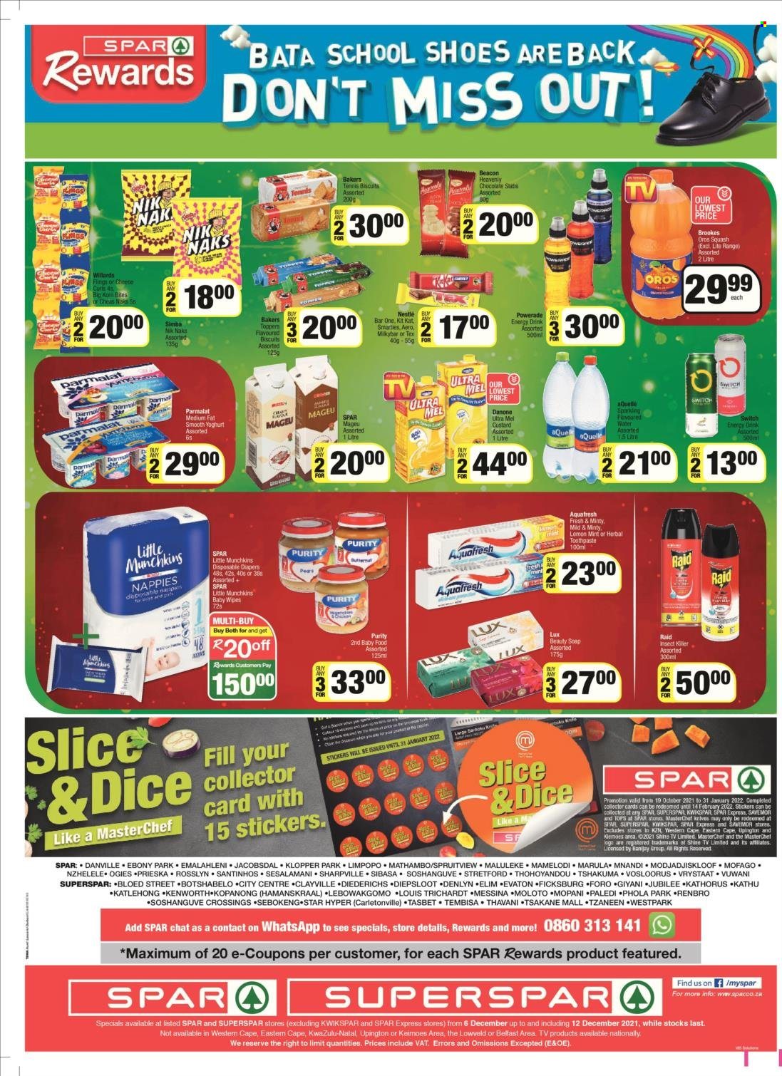 SPAR catalogue  - 06/12/2021 - 12/12/2021 - Sales products - custard, yoghurt, Danone, Parmalat, Number 1 Mageu, Nestlé, chocolate, KitKat, Smarties, biscuit, Simba, Nik Naks, switch, Powerade, energy drink, Oros, Purity, nappies, Lux, soap, toothpaste, Raid, Bakers. Page 12.