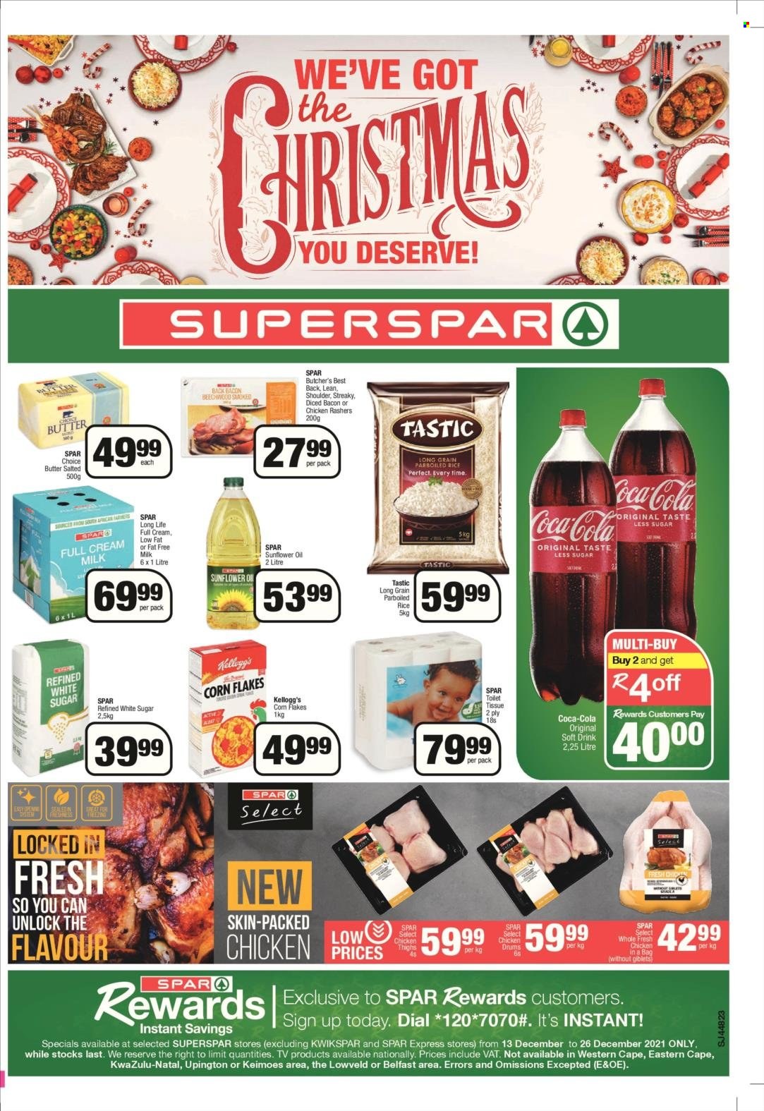SPAR catalogue  - 13/12/2021 - 26/12/2021 - Sales products - bacon, rashers, butter, Kellogg's, corn flakes, rice, Tastic, sunflower oil, oil, Coca-Cola, soft drink, toilet paper, Dial. Page 1.