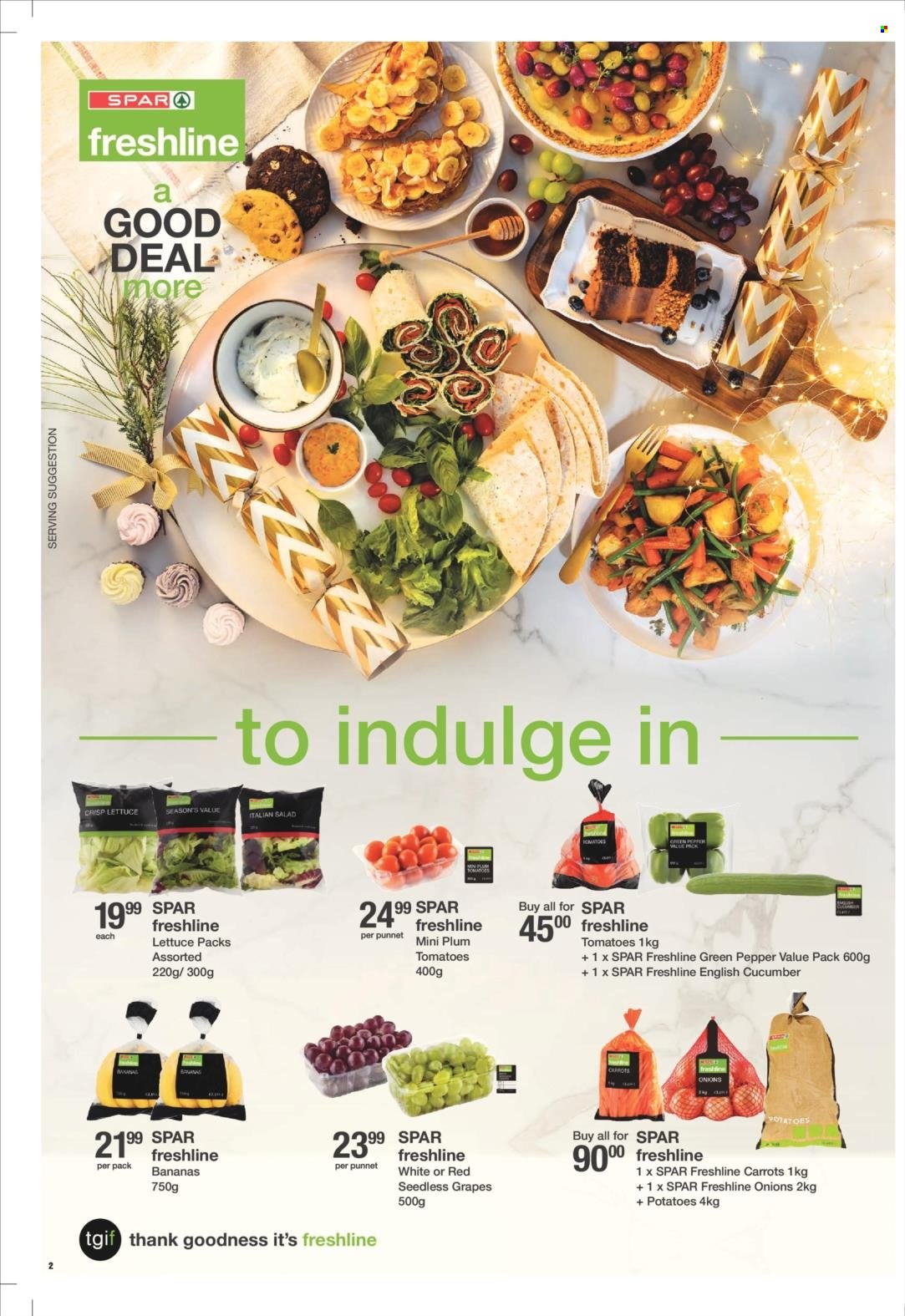 SPAR catalogue  - 13/12/2021 - 26/12/2021 - Sales products - seedless grapes, carrots, tomatoes, potatoes, lettuce, salad, onion, green pepper, bananas, grapes. Page 2.
