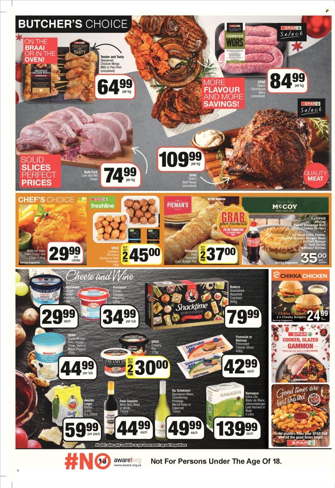 SPAR catalogue  - 13/12/2021 - 26/12/2021 - Sales products - sausage rolls, pie, Pieman's, hake, sausage, gammon, cream cheese, sliced cheese, cheese, Lancewood, Président, feta cheese, Melrose, creamy dip, chicken wings, crackers, chips, Snacktime, black pepper, herbs, Coca-Cola, Sprite, Fanta, Cabernet Sauvignon, red wine, white wine, Chardonnay, wine, Merlot, alcohol, Sauvignon Blanc, rosé wine, beer, Lager, pork loin, pork meat, rib chops, Bakers, braai, ginger beer. Page 4.