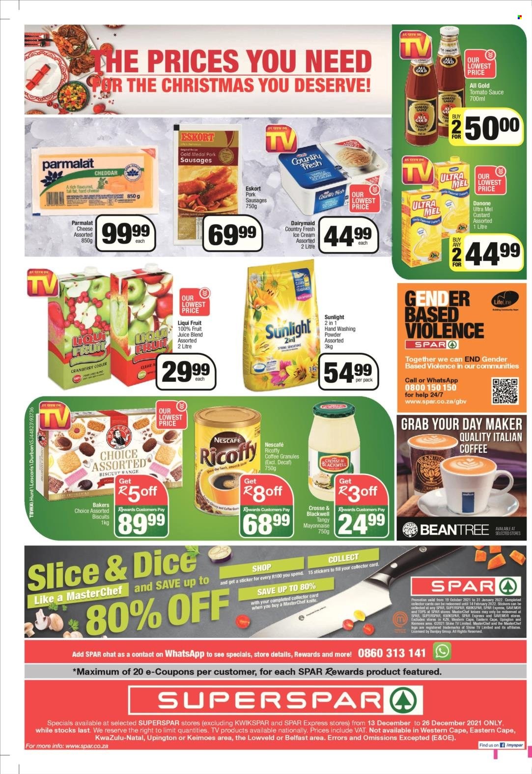 SPAR catalogue  - 13/12/2021 - 26/12/2021 - Sales products - sauce, sausage, cheddar, cheese, custard, Danone, Parmalat, mayonnaise, biscuit, tomato sauce, fruit juice, juice, coffee, Ricoffy, Nescafé, laundry powder, Sunlight, Bakers. Page 20.