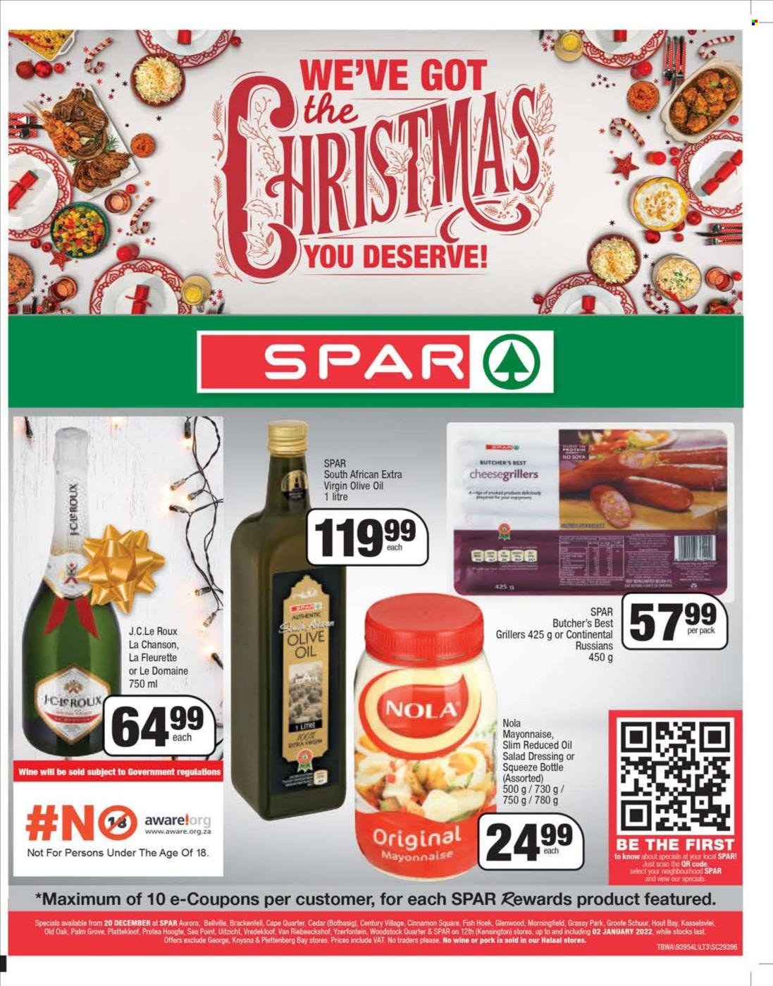 SPAR catalogue  - 20/12/2021 - 02/01/2022 - Sales products - fish, Continental, russians, salad dressing, dressing, extra virgin olive oil, olive oil. Page 1.