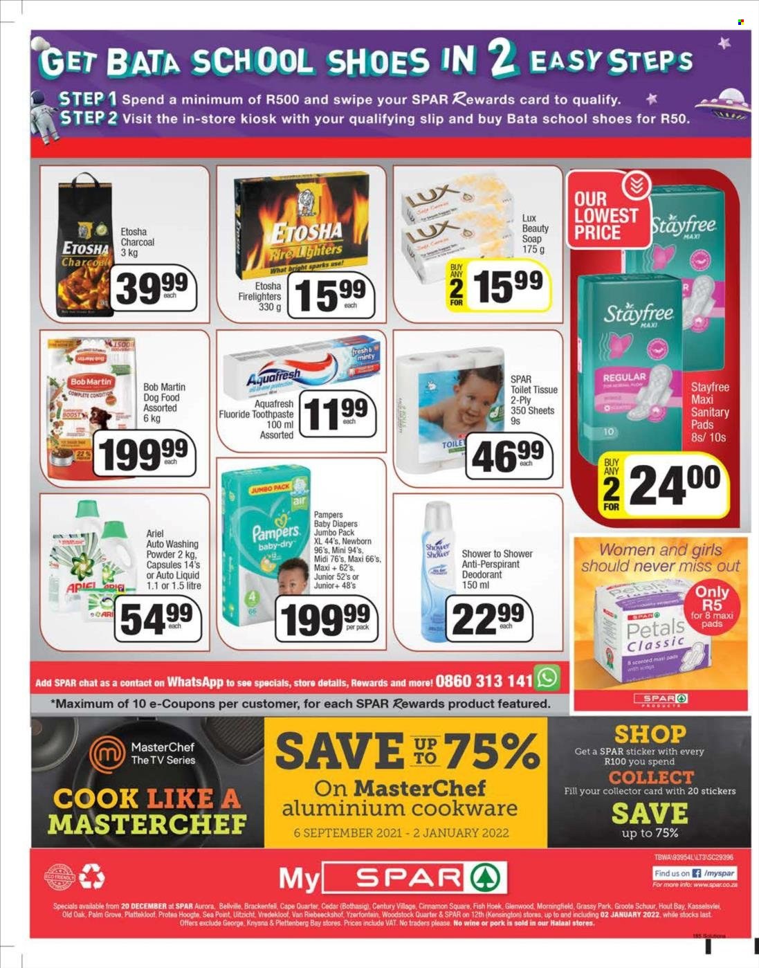 SPAR catalogue  - 20/12/2021 - 02/01/2022 - Sales products - fish, Pampers, nappies, toilet paper, Ariel, laundry powder, Lux, soap, toothpaste, Stayfree, sanitary pads, anti-perspirant, deodorant, Bob Martin, animal food, dog food. Page 4.
