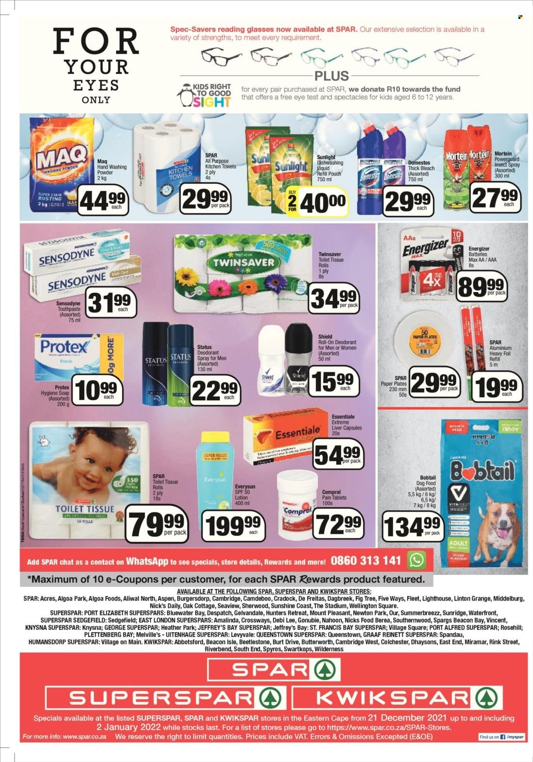 SPAR catalogue  - 21/12/2021 - 02/01/2022 - Sales products - Sunshine, steak, toilet paper, kitchen towels, Domestos, bleach, Mortein, thick bleach, laundry powder, Sunlight, Protex, soap, toothpaste, Sensodyne, body lotion, anti-perspirant, roll-on, deodorant, paper plate, animal food, dog food, Essentiale Extreme. Page 4.
