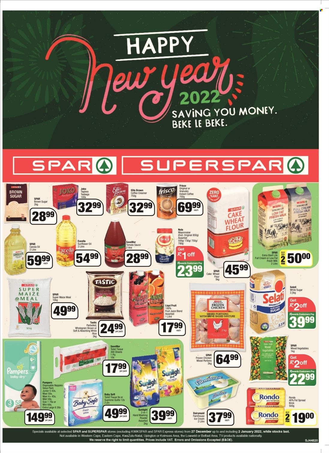 SPAR catalogue  - 27/12/2021 - 02/01/2022 - Sales products - sauce, milk, Ellis Brown, fat spread, creamer, mayonnaise, ice cream, mixed vegetables, cane sugar, flour, wheat flour, maize meal, cake flour, tomato sauce, rice, Tastic, fruit juice, juice, tea bags, Joko, instant coffee, Frisco, chicken meat, Pampers, nappies, Baby Soft, tissues, laundry powder, Sunlight. Page 1.