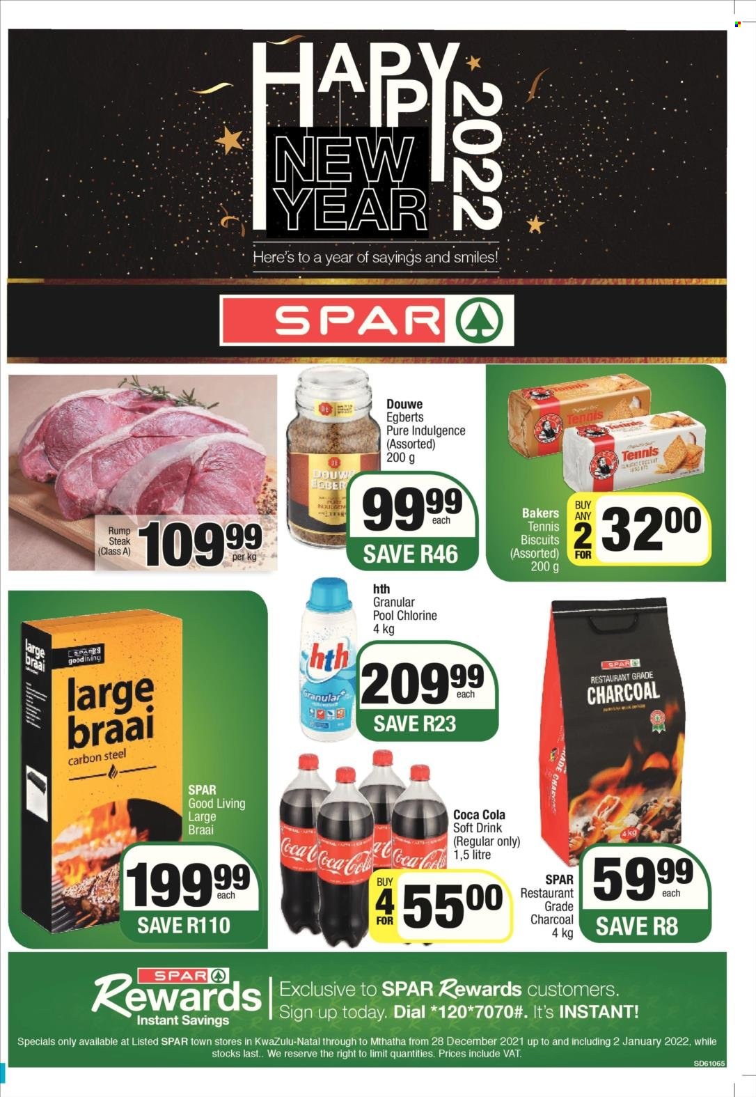 SPAR catalogue  - 28/12/2021 - 02/01/2022 - Sales products - Coca-Cola, soft drink, Douwe Egberts, beef meat, steak, rump steak, Dial, Bakers, braai. Page 1.
