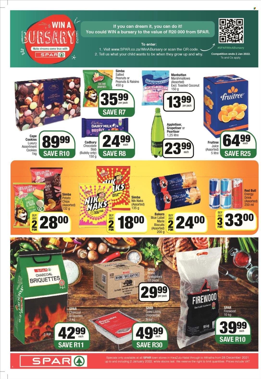 SPAR catalogue  - 28/12/2021 - 02/01/2022 - Sales products - cheese, cookies, marshmallows, chocolate, Cadbury, Dairy Milk, potato chips, chips, Simba, Nik Naks, dried fruit, energy drink, juice, Peartiser, Red Bull, Bakers, briquettes, braai. Page 4.