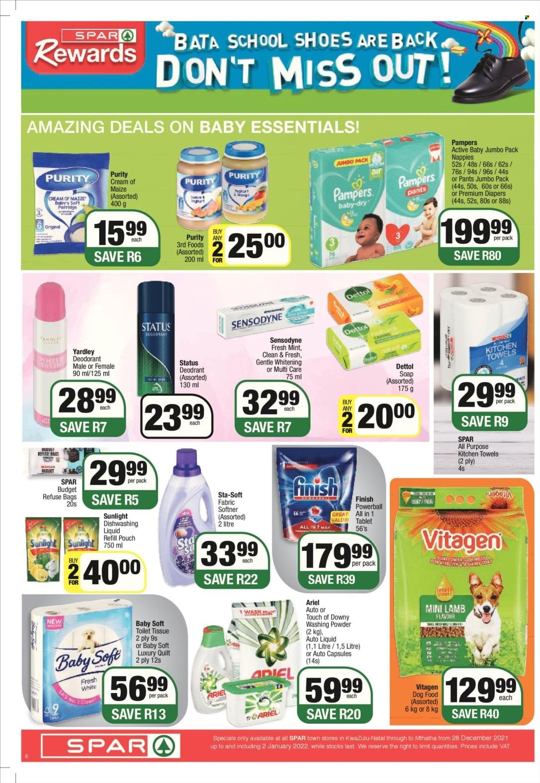 SPAR catalogue  - 28/12/2021 - 02/01/2022 - Sales products - porridge, Purity, Pampers, pants, nappies, Baby Soft, Dettol, toilet paper, kitchen towels, Ariel, laundry powder, Sunlight, dishwashing liquid, Finish Powerball, soap, Sensodyne, anti-perspirant, Yardley, deodorant, refuse bag, animal food, dog food, essentials. Page 6.