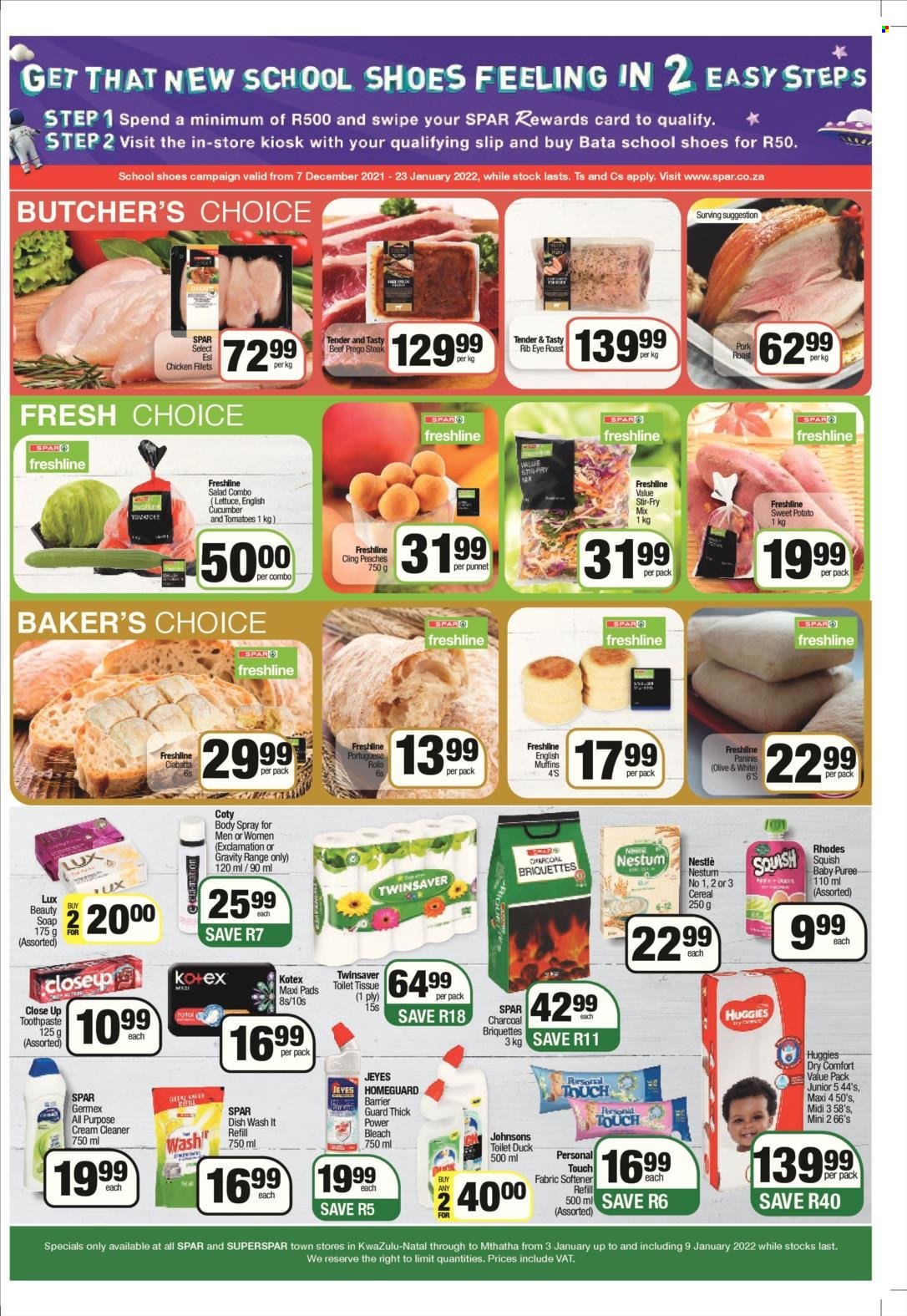SPAR catalogue  - 03/01/2022 - 09/01/2022 - Sales products - ciabatta, english muffins, sweet potato, salad, Nestlé, cereals, beef meat, steak, rib eye, pork meat, pork roast, Huggies, Johnson's, toilet paper, cream cleaner, bleach, cleaner, fabric softener, dishwashing liquid, Lux, soap, toothpaste, Closeup, sanitary pads, Kotex, body spray, briquettes, peaches. Page 2.