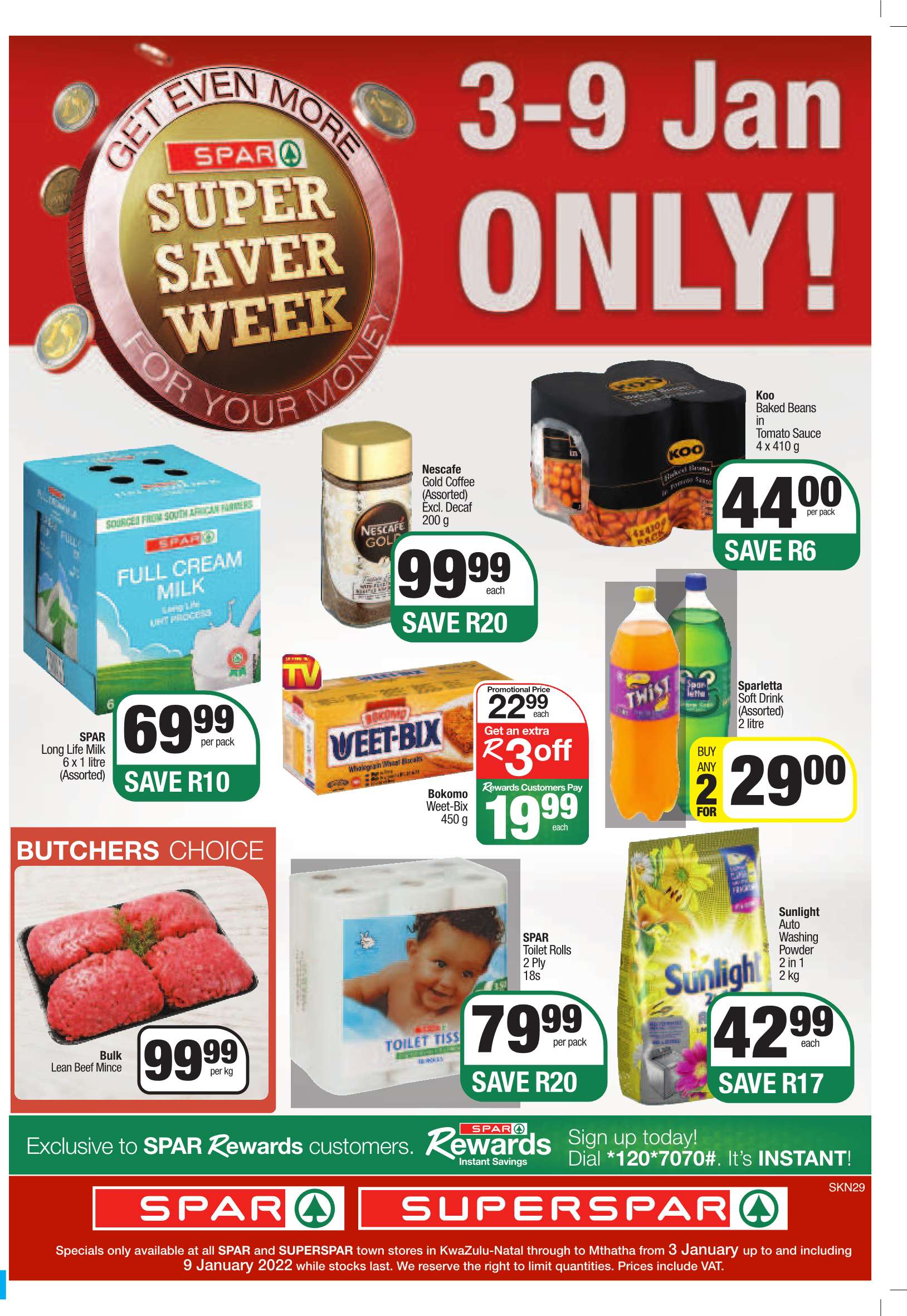 SPAR catalogue  - 03/01/2022 - 09/01/2022 - Sales products - long life milk, baked beans, Koo, Weet-Bix, soft drink, coffee, Nescafé, beef meat, ground beef, toilet paper, laundry powder, Sunlight, Jet, Dial. Page 1.