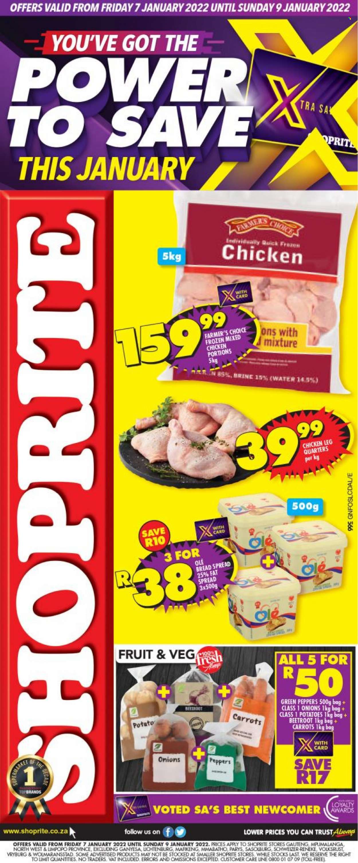 Shoprite catalogue  - 07/01/2022 - 09/01/2022 - Sales products - carrots, potatoes, peppers, onion, beetroot, fat spread, chicken legs. Page 1.