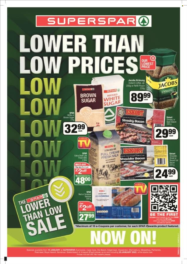 SPAR catalogue  - 10/01/2022 - 23/01/2022 - Sales products - bacon, streaky bacon, milk, instant coffee, Jacobs, Jacobs Krönung. Page 1.