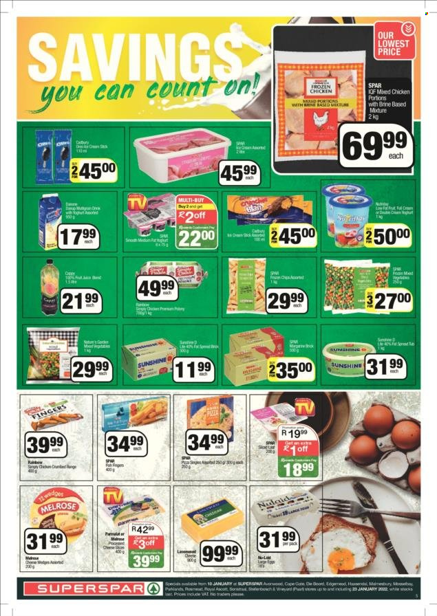 SPAR catalogue  - 10/01/2022 - 23/01/2022 - Sales products - cheese, Melrose, Sunshine, ron, chicken meat. Page 5.