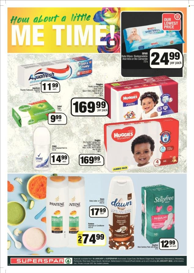 SPAR catalogue  - 10/01/2022 - 23/01/2022 - Sales products - cocoa, wipes, Huggies, pants, baby wipes, Stayfree, Pantene. Page 6.
