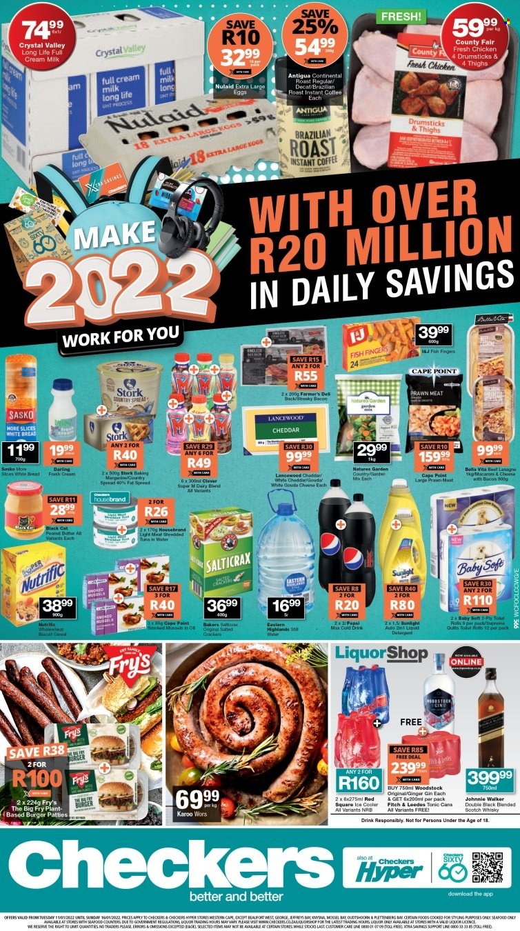 Checkers catalogue  - 11/01/2022 - 16/01/2022 - Sales products - bread, white bread, ginger, tuna, seafood, prawns, fish, fish fingers, fish sticks, hamburger, Continental, bacon, gouda, cheddar, Lancewood, large eggs, fat spread, Natures Garden, biscuit, tuna in water, Pepsi, Pepsi Max, tonic, instant coffee, gin, Johnny Walker, Red Square, whisky, chicken drumsticks, burger patties, Baby Soft, detergent, Sunlight, XTRA, Bakers. Page 1.
