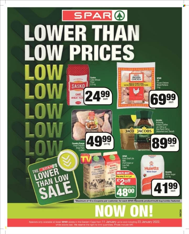 SPAR catalogue  - 11/01/2022 - 23/01/2022 - Sales products - flour, sugar, wheat flour, cake flour, Huletts, instant coffee, Jacobs, Jacobs Krönung, chicken meat. Page 1.