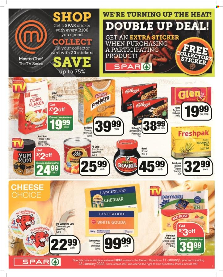 SPAR catalogue  - 11/01/2022 - 23/01/2022 - Sales products - gouda, cheddar, cheese, The Laughing Cow, Lancewood, Melrose, Parmalat, Kellogg's, corn flakes, ProNutro, jam, peanut butter, tea, tea bags, rooibos tea. Page 5.