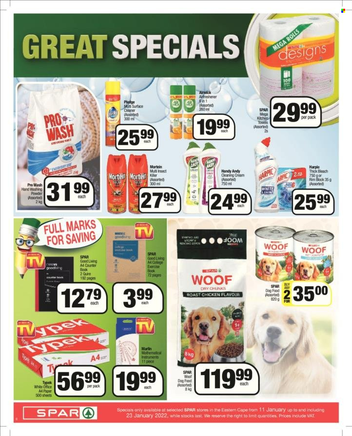 SPAR catalogue  - 11/01/2022 - 23/01/2022 - Sales products - marlin, chicken roast, bleach, Mortein, Harpic, Pledge, thick bleach, laundry powder, Air Wick, animal food, dog food. Page 6.
