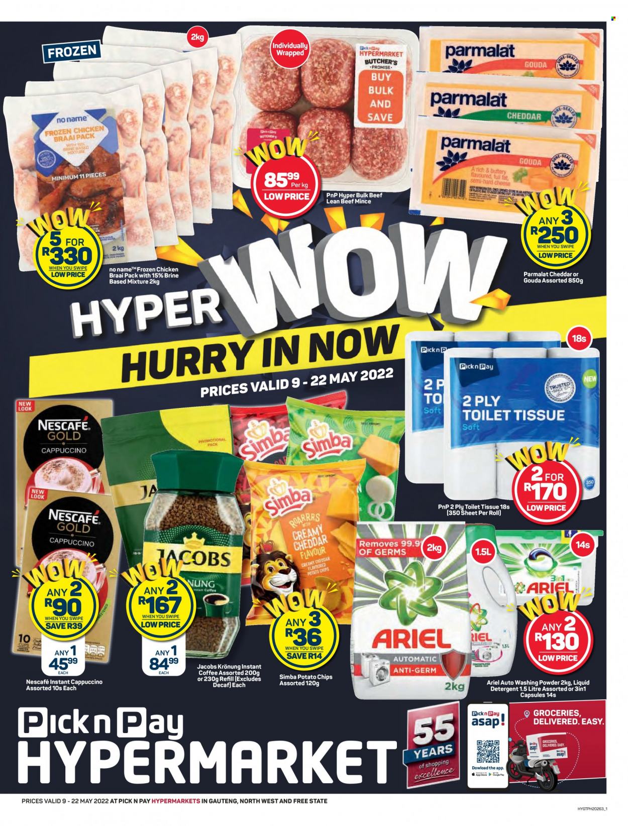 Pick n Pay Hypermarket catalogue  - 09/05/2022 - 22/05/2022 - Sales products - No Name, gouda, cheese, Parmalat, potato chips, Simba, cappuccino, instant coffee, Jacobs, Nescafé, Jacobs Krönung, chicken meat, beef meat, ground beef, toilet paper, detergent, Ariel, liquid detergent, laundry powder. Page 1.