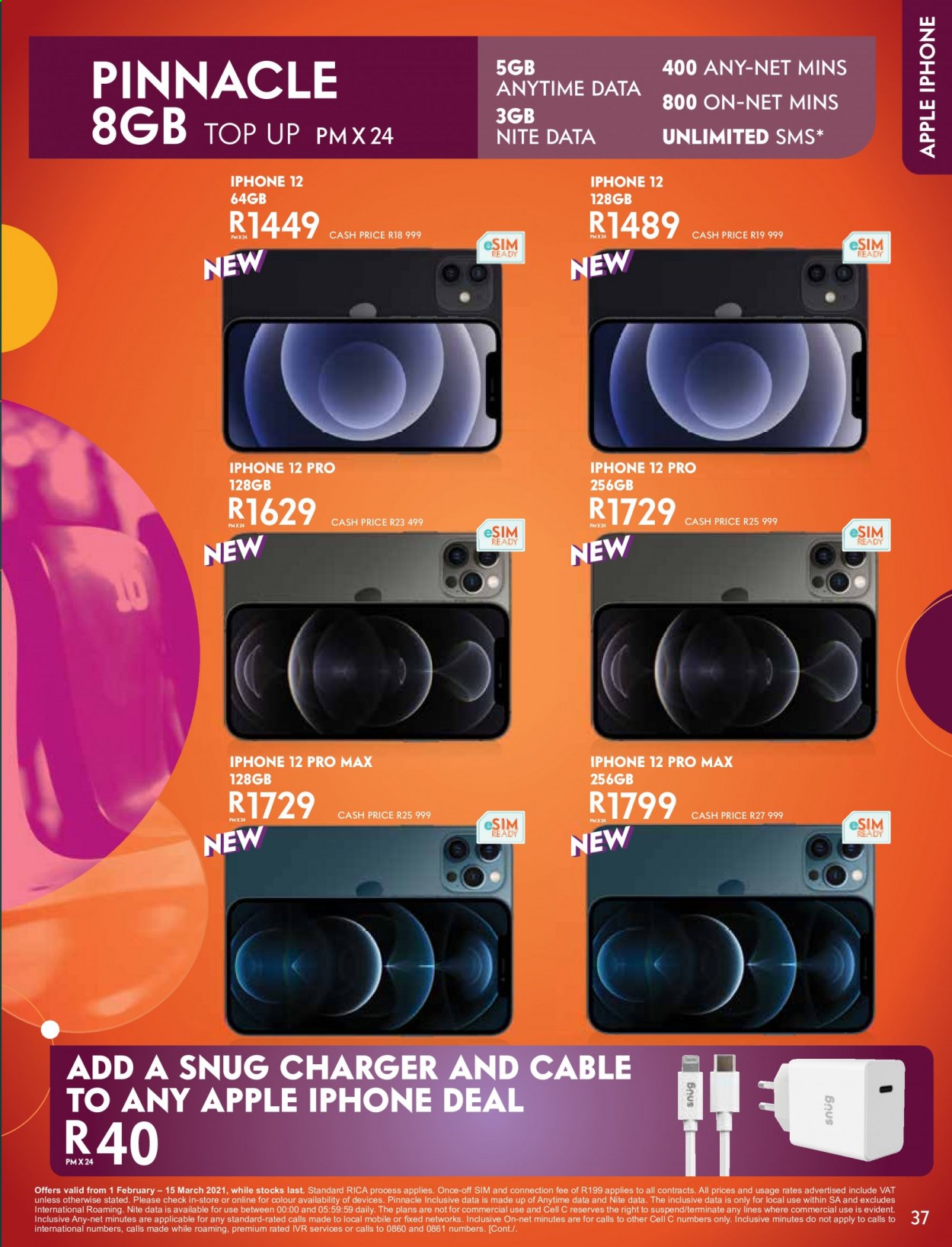 Cell C catalogue  - 01/02/2021 - 15/03/2021 - Sales products - Apple, iPhone, iPhone 12, iPhone 12 Pro, iPhone 12 Pro Max, charger, Snug. Page 37.