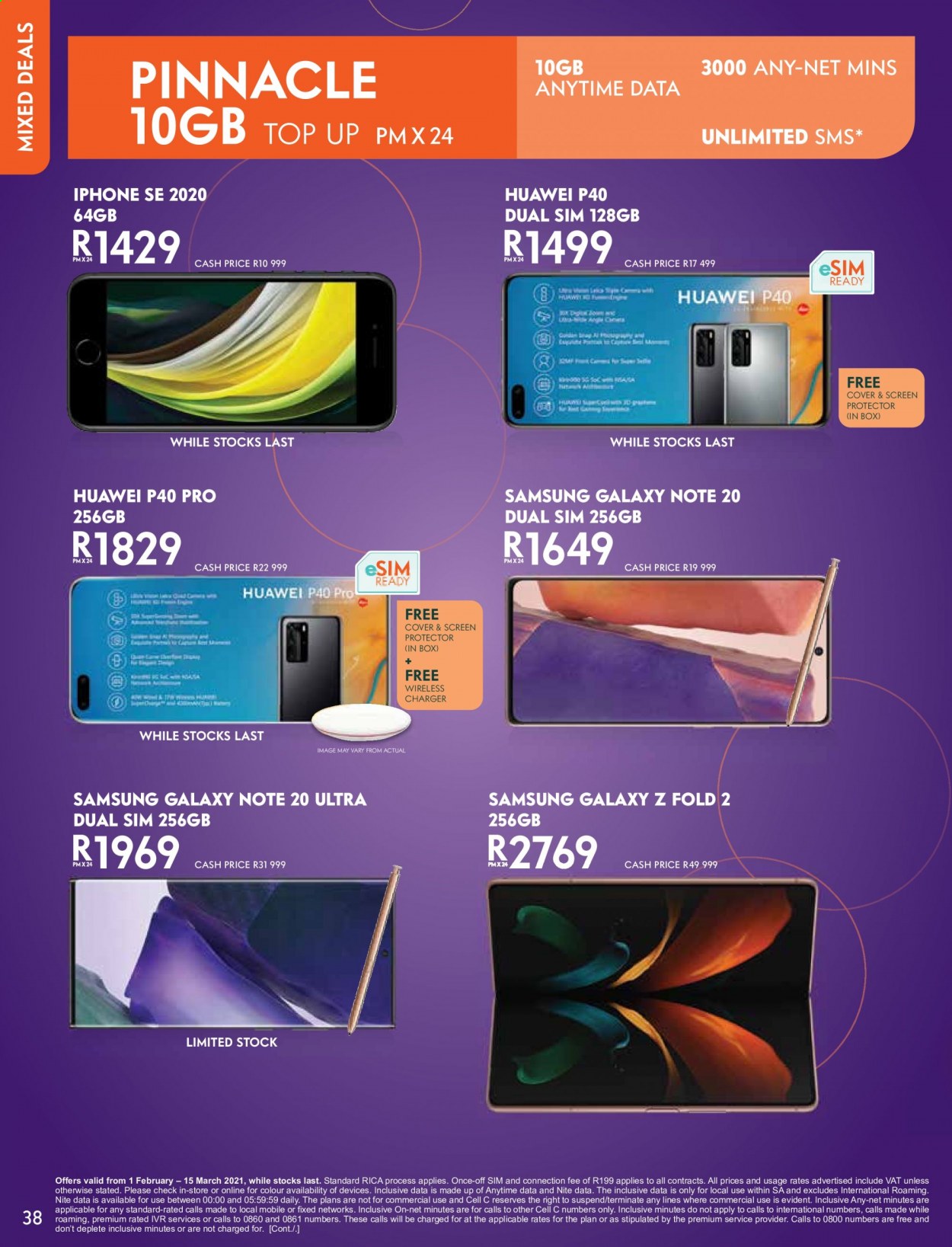 Cell C catalogue  - 01/02/2021 - 15/03/2021 - Sales products - Huawei, Samsung Galaxy, Samsung, iPhone, iPhone SE, Huawei P40, Samsung Galaxy Z, Samsung Galaxy Note, charger. Page 38.