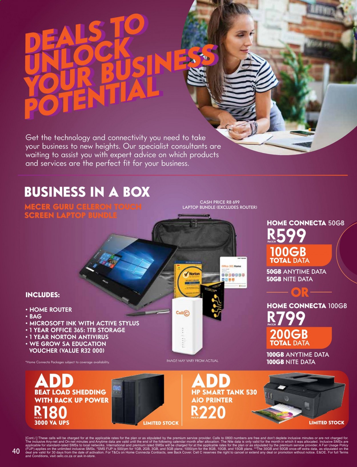 Cell C catalogue  - 01/02/2021 - 15/03/2021 - Sales products - Norton, anti-virus, Office 365, Hewlett Packard, wifi router, laptop. Page 40.