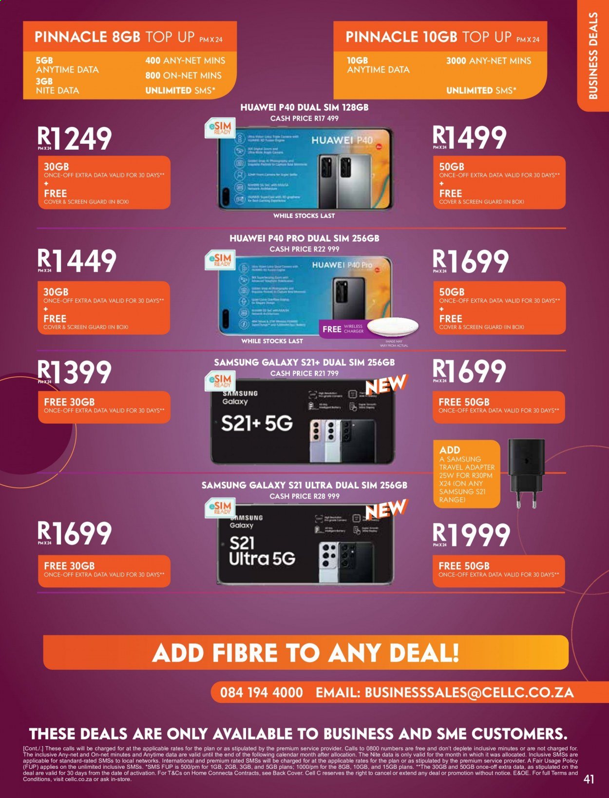 Cell C catalogue  - 01/02/2021 - 15/03/2021 - Sales products - Huawei, Samsung Galaxy, Samsung, Samsung Galaxy S, Huawei P40, Samsung Galaxy S21, charger, adapter. Page 41.