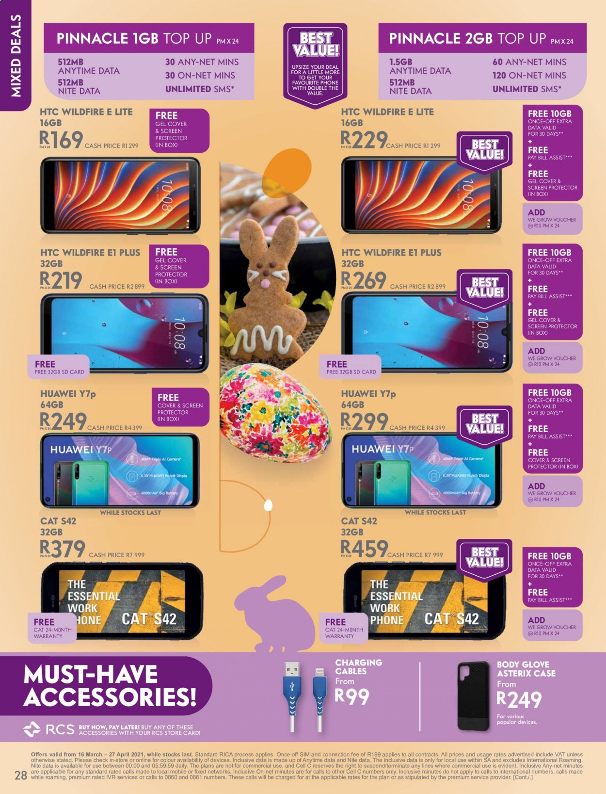 Cell C catalogue  - 16/03/2021 - 27/04/2021 - Sales products - Huawei, phone, HTC wildfire, Huawei Y7p. Page 28.