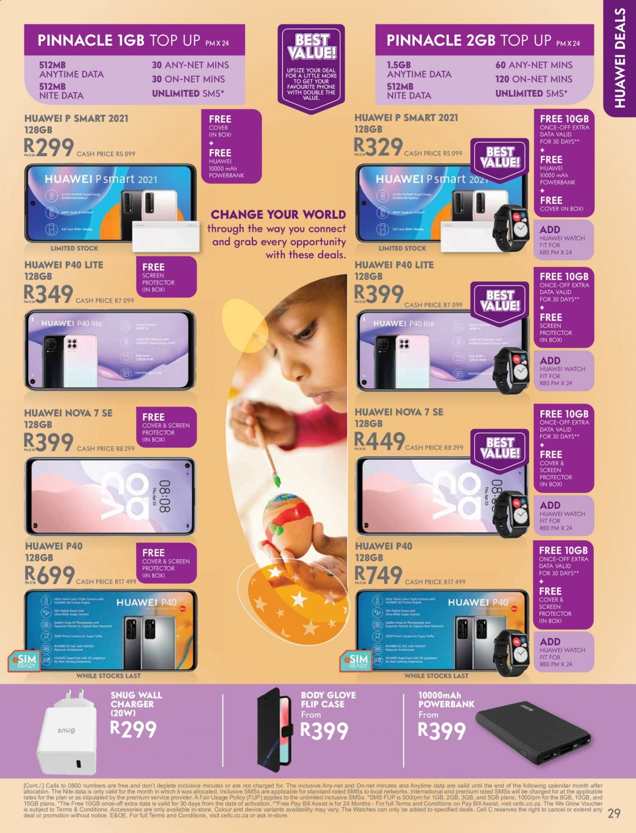 Cell C catalogue  - 16/03/2021 - 27/04/2021 - Sales products - Huawei, phone, Huawei P40, Huawei Nova, wall charger. Page 29.