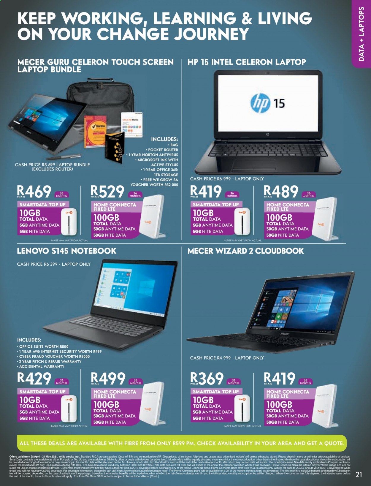 Cell C catalogue  - 28/04/2021 - 31/05/2021 - Sales products - Norton, AVG, anti-virus, Office 365, Lenovo, Hewlett Packard, wifi router, laptop, notebook, Intel. Page 21.
