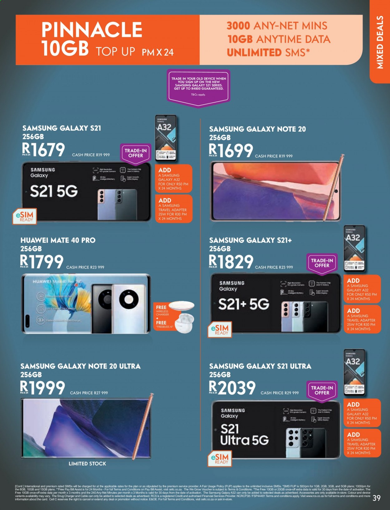 Cell C catalogue  - 28/04/2021 - 31/05/2021 - Sales products - Huawei, Samsung Galaxy, Samsung, Samsung Galaxy S, Samsung Galaxy Note, Samsung Galaxy S21, wireless charger, adapter. Page 39.