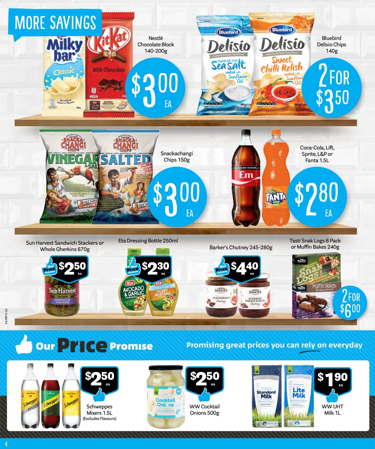 thumbnail - Fresh Choice mailer - 04.01.2021 - 10.01.2021 - Sales products - muffin, onion, avocado, sandwich, milk chocolate, Nestlé, chocolate, KitKat, chips, Bluebird, Delisio, cocoa, mustard, honey mustard, dressing, chutney, oil, dried tomatoes, Coca-Cola, Schweppes, Sprite, Fanta, L&P, sunflower. Page 4.