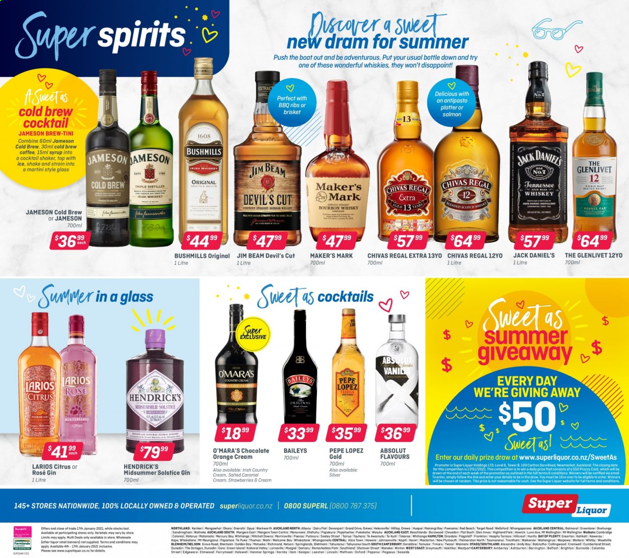 Super Liquor mailer - 04.01.2021 - 17.01.2021 - Sales products - gin, Jack Daniel's, Jameson, Baileys, liquor, Absolut, Chivas Regal, Martini, Jim Beam, Hendrick's. Page 4.