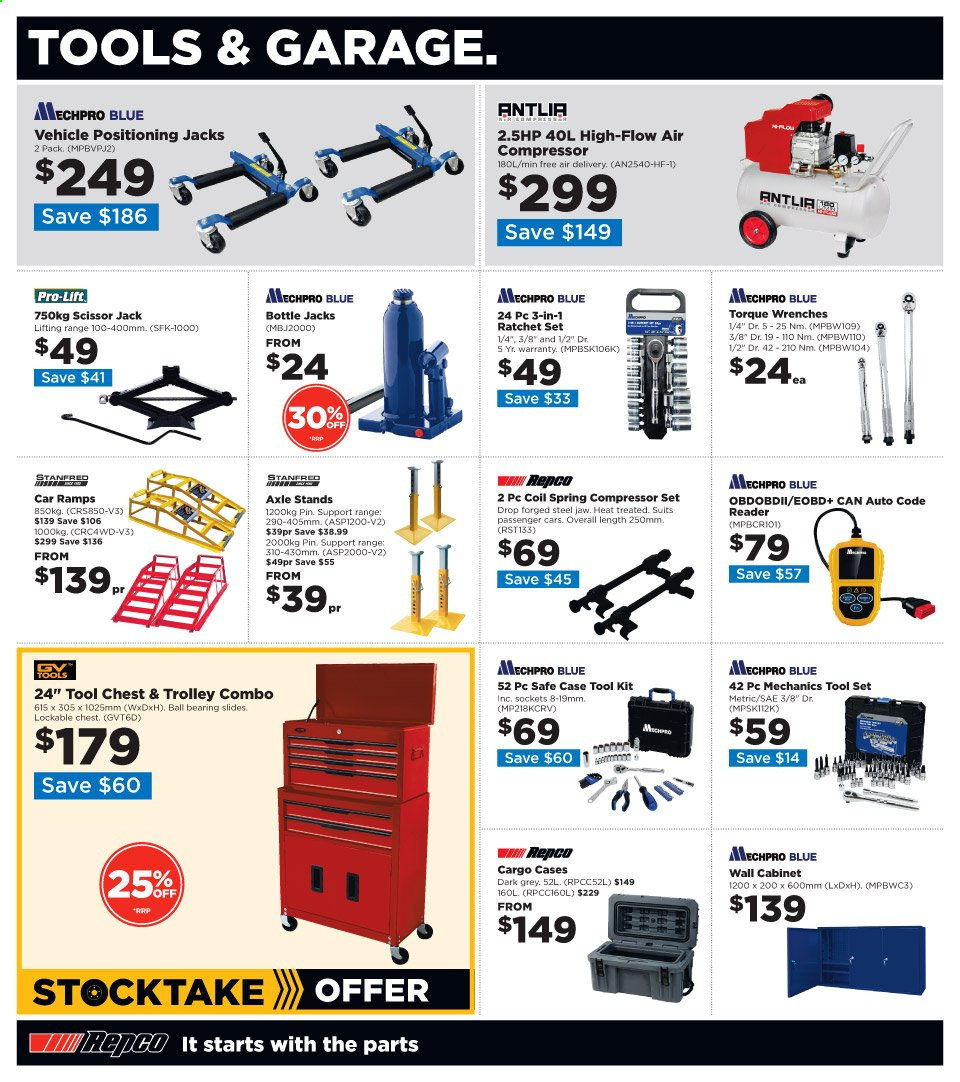 thumbnail - Repco mailer - 04.01.2021 - 17.01.2021 - Sales products - mechanic's tools, Mechpro Blue, trolley combo, scissor jack, car ramps, air compressor, trolley, scissors, tool set. Page 2.
