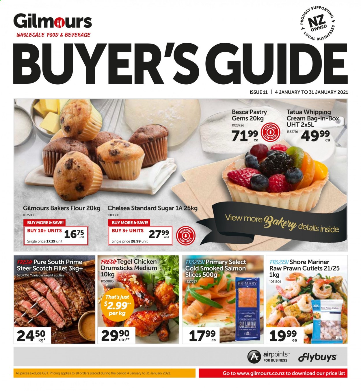 thumbnail - Gilmours mailer - 04.01.2021 - 31.01.2021 - Sales products - salmon, smoked salmon, prawns, Shore Mariner, whipping cream, flour, sugar, chicken drumsticks. Page 1.
