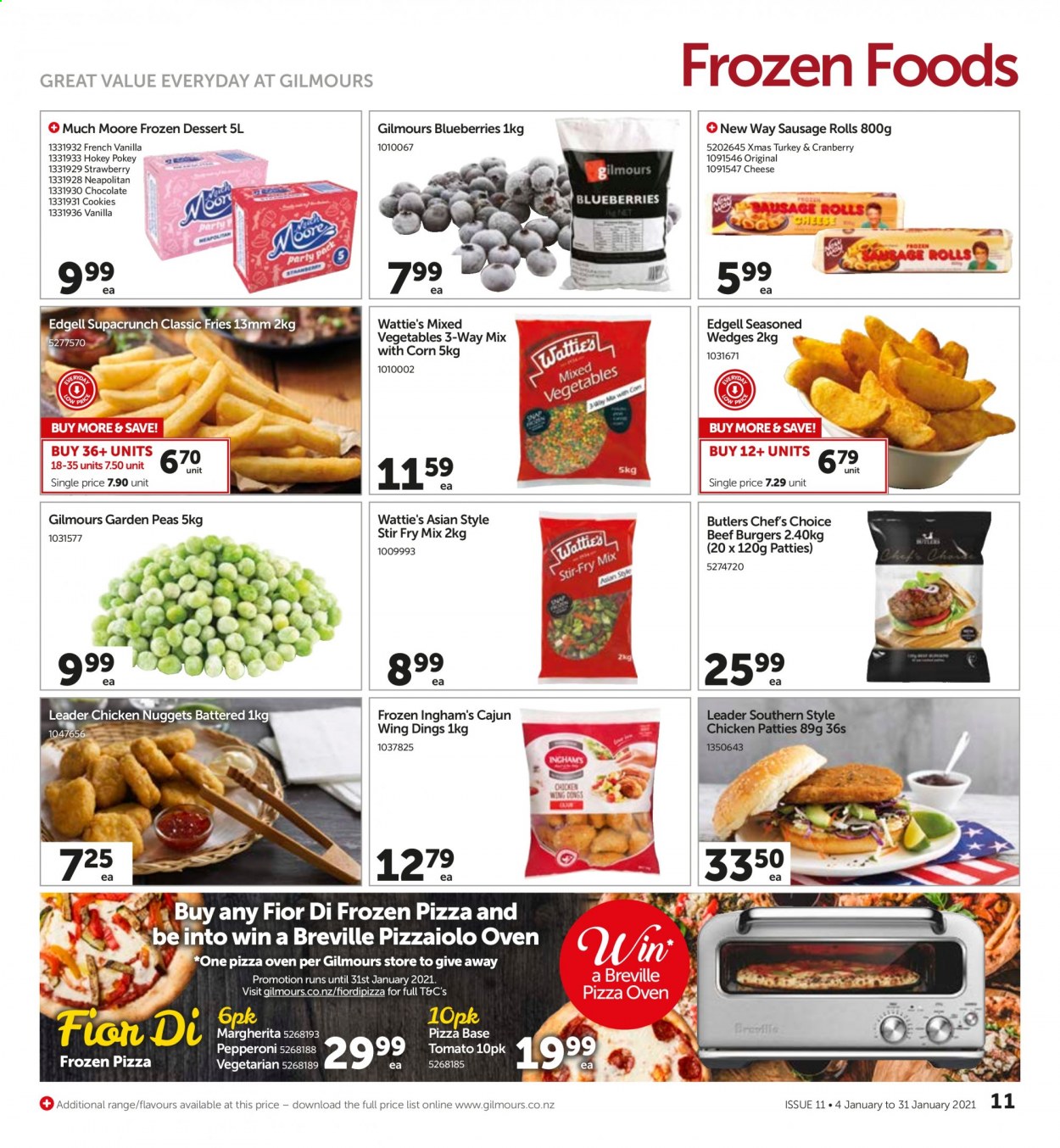 thumbnail - Gilmours mailer - 04.01.2021 - 31.01.2021 - Sales products - blueberries, sausage rolls, corn, peas, pizza, nuggets, hamburger, chicken nuggets, Wattie's, beef burger, sausage, pepperoni, cheese, pizza dough, Much Moore, mixed vegetables, chicken patties, potato fries, cookies, chocolate. Page 11.