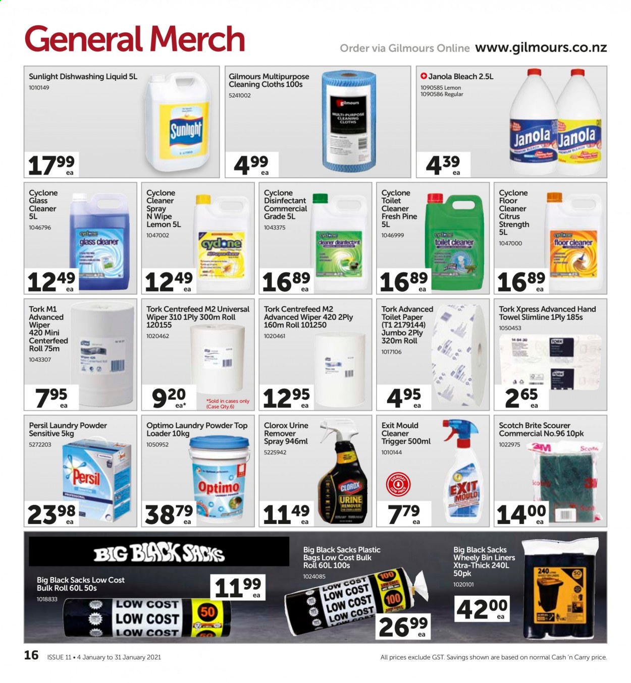 thumbnail - Gilmours mailer - 04.01.2021 - 31.01.2021 - Sales products - toilet paper, cleaner, desinfection, floor cleaner, toilet cleaner, glass cleaner, Clorox, Persil, bleach, laundry powder, Sunlight, XTRA, dishwashing liquid, scourer. Page 16.